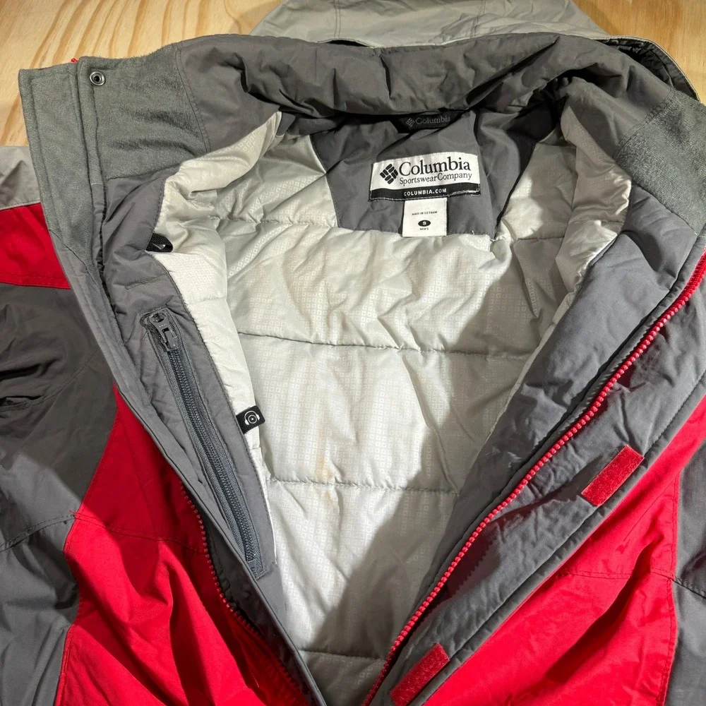 Columbia Men's Omni-Shield Red Grey Colorblock Hooded Winter Parka Jacket Size S